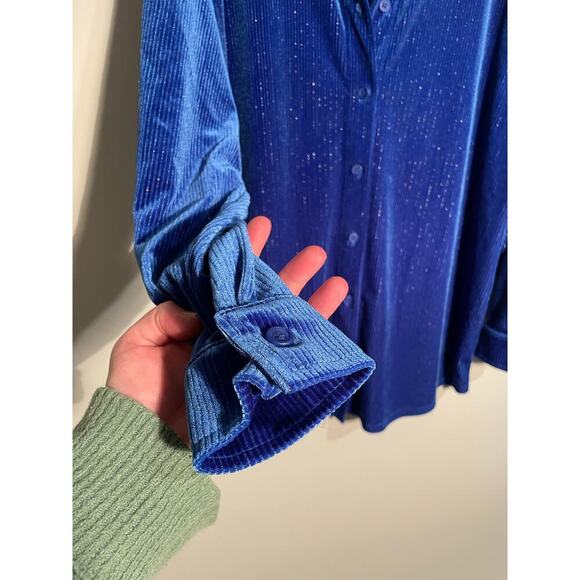 Soft Surroundings Blue Shimmer Velvet Boyfriend Tunic Button‎ Down Shirt - Picture 4 of 10